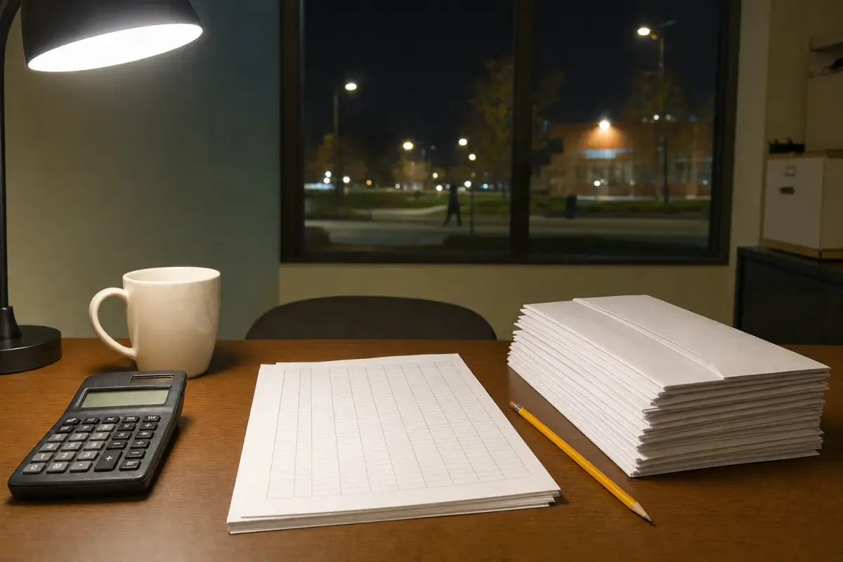 AI illustration: a tabletop close-up of a plain laptop-free election night desk in a quiet office, with a neat tally sheet of blank grid paper, a calculator, a pencil and a stack of sealed plain ballot envelopes beside a mug, with a dark window behind showing a few distant streetlights