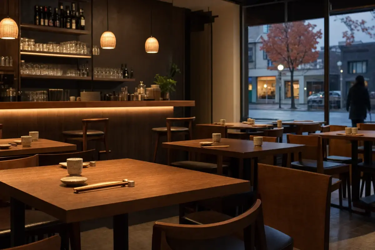 AI illustration: interior of a small, warm restaurant dining room before opening, with a few bare wooden tables set with chopsticks, small ceramic soy dishes and teacups, and a simple bar counter with rows of plain unlabelled glasses and bottles blurred behind