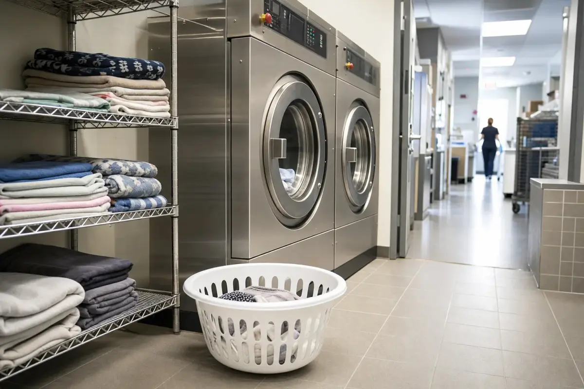 AI illustration: interior of a clean animal hospital laundry room, with a stainless steel front-loading commercial washer and dryer, a folded stack of plain fleece pet blankets and towels on a metal shelf, and a plastic laundry basket on the tiled floor, with a bright corridor blurred behind