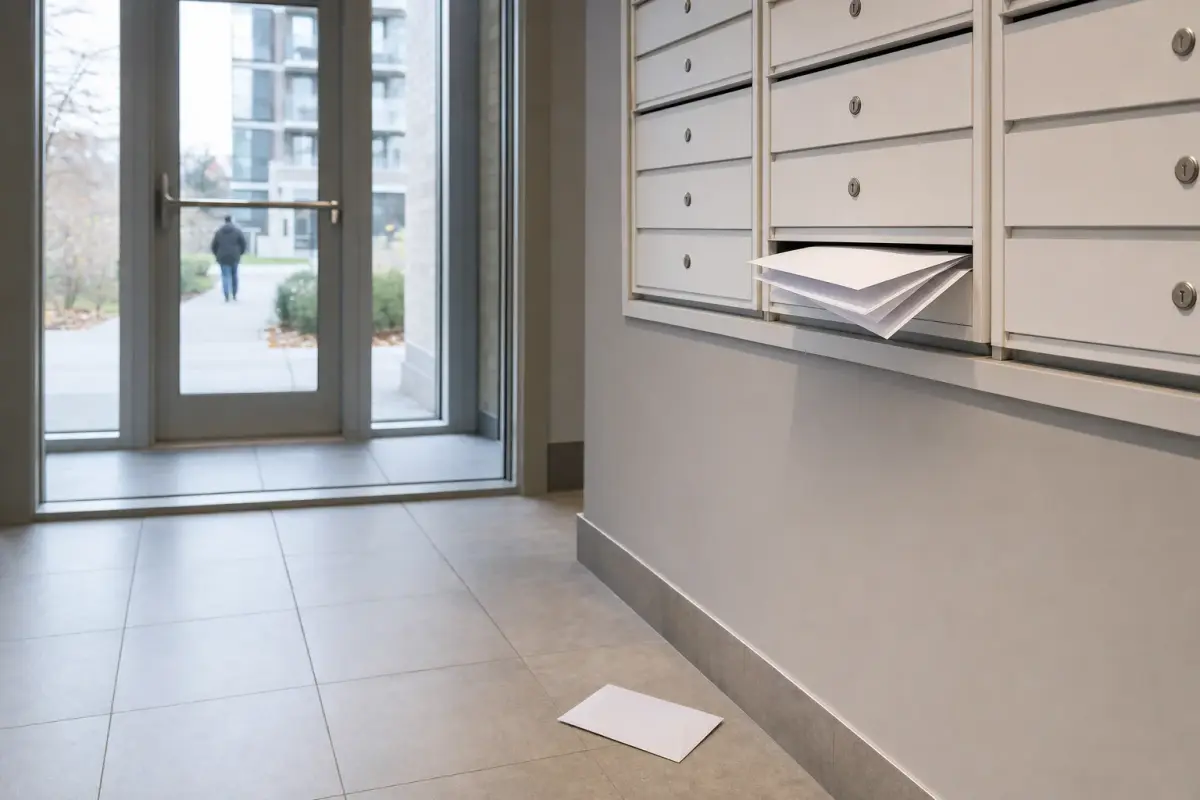 AI illustration: close-up of a hand-lettered-free, plain white mailbox cluster of community mail slots in a quiet apartment lobby, with a few blank envelopes sticking out of one slot and a single blank envelope lying on a tiled floor below
