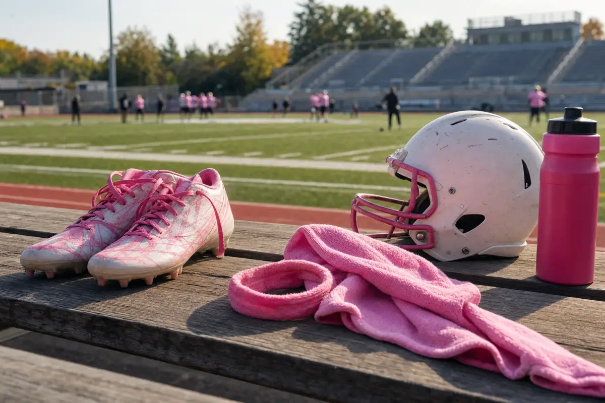 AI illustration: close-up of a pair of football cleats and a plain pink ribbon-colored towel and pink wristband resting on a wooden sideline bench beside a football helmet and a water bottle, on a high school football field, with the grass and empty bleachers blurred behind