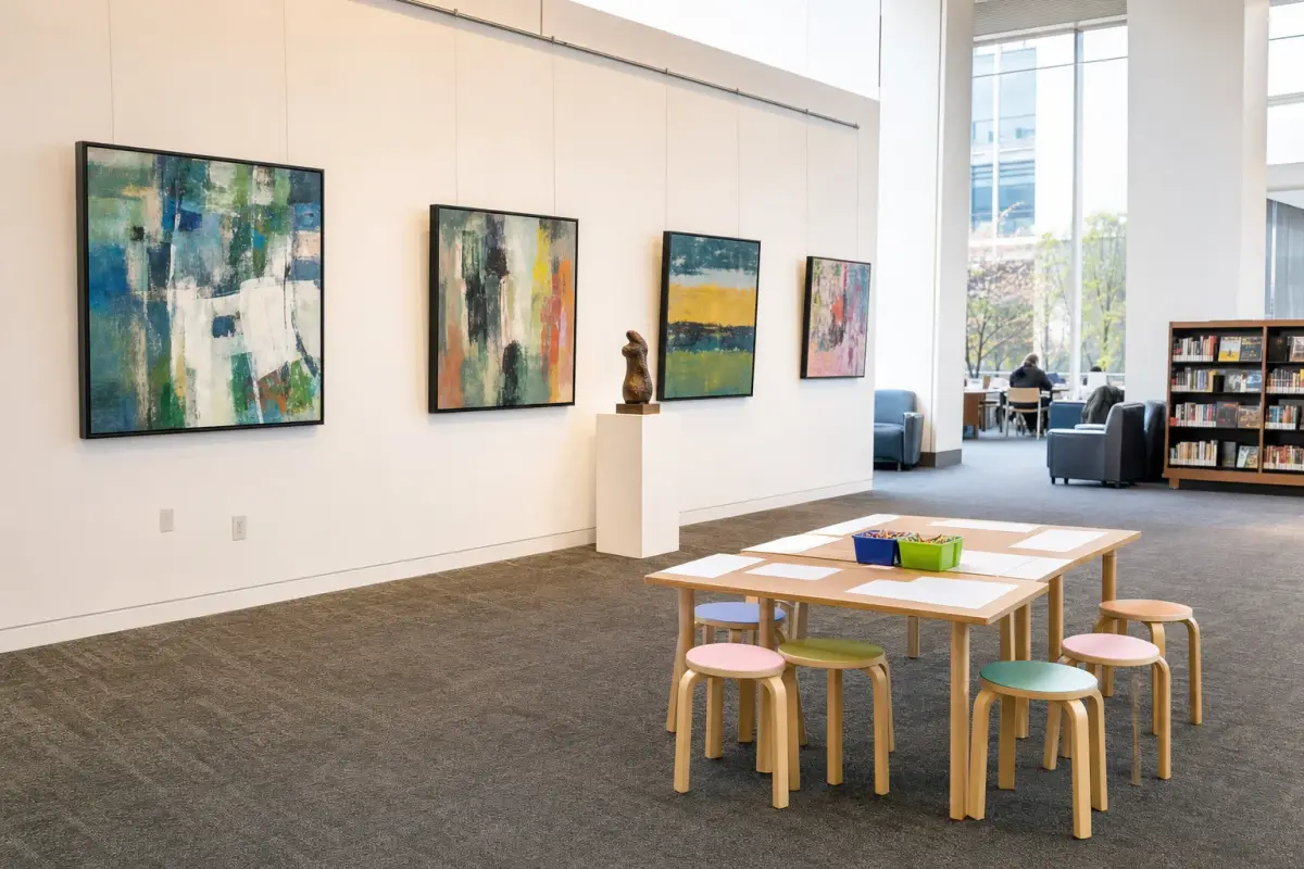 AI illustration: interior of a bright library gallery space with several framed abstract paintings and a small sculpture on a plinth hung along a plain white wall, with a low table of blank paper, crayons and child-sized stools set up in the foreground for a family art session