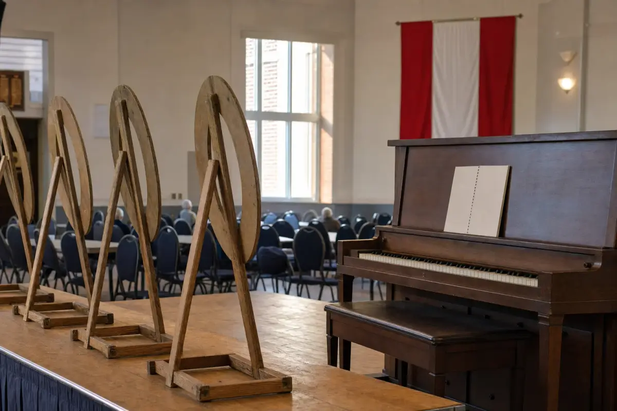 AI illustration: close-up of a row of plain wooden Remembrance-style poppy-free wreath stands and a vintage upright piano with a folded blank songbook on its music desk, set on the small stage of a Legion hall, with a hanging plain red-and-white banner with no text and rows of empty banquet chairs blurred behind