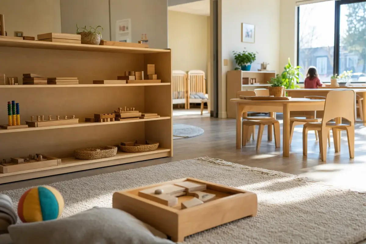 AI illustration: interior of a bright Montessori-style child-care room with low wooden shelves holding plain wooden learning materials, a small round table with child-sized chairs, and a floor mat with soft toys, with a sunlit window and a cot corner blurred behind