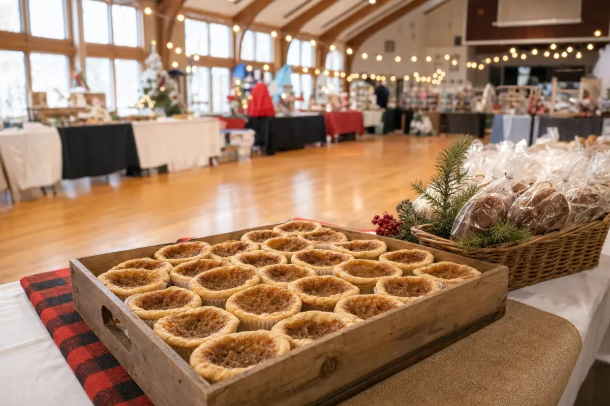 AI illustration: a rustic indoor holiday market table in a community hall, with a plain wooden tray of golden butter tarts in paper cups, a small basket of wrapped baked goods and a sprig of evergreen, with a blurred row of other stalls and strands of warm lights behind