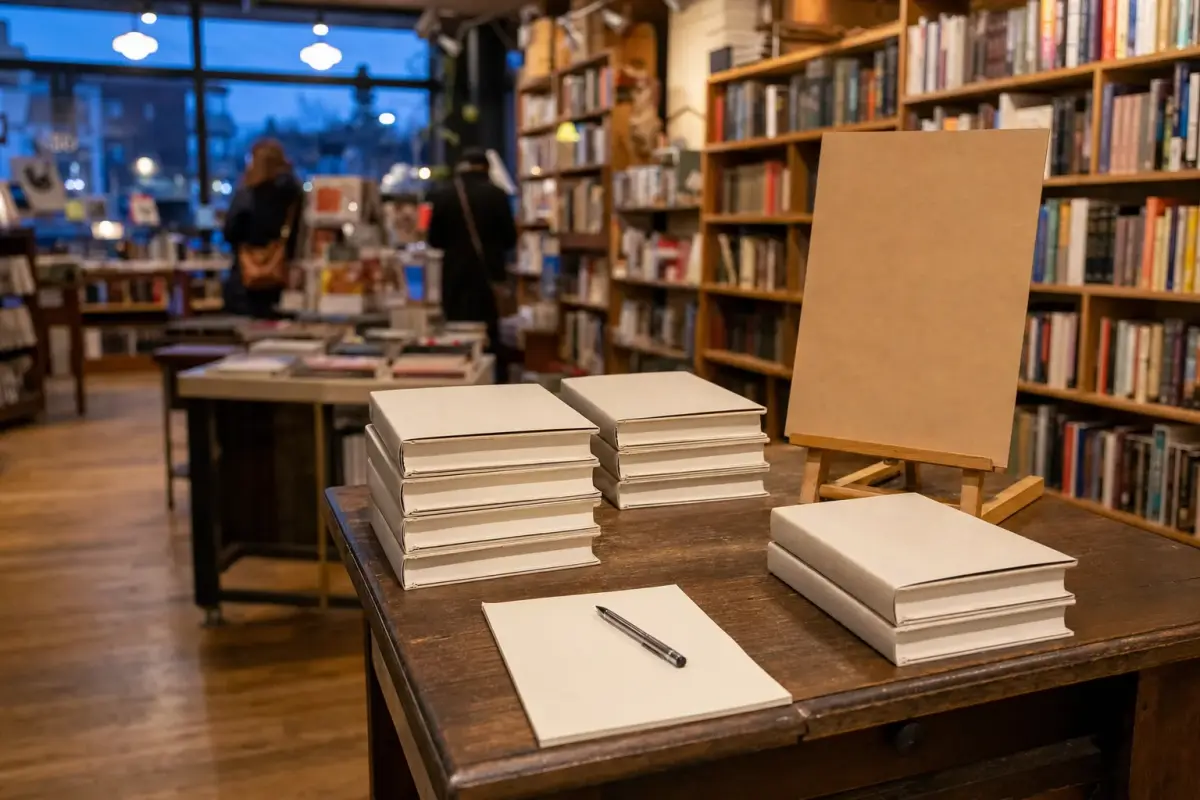 AI illustration: interior of a cozy independent bookshop in the early evening, with a small wooden table at the front stacked with identical plain-jacketed hardcover books beside a blank cardboard easel and a pen resting on a clean sheet of paper, and tall wooden shelves of books blurred behind