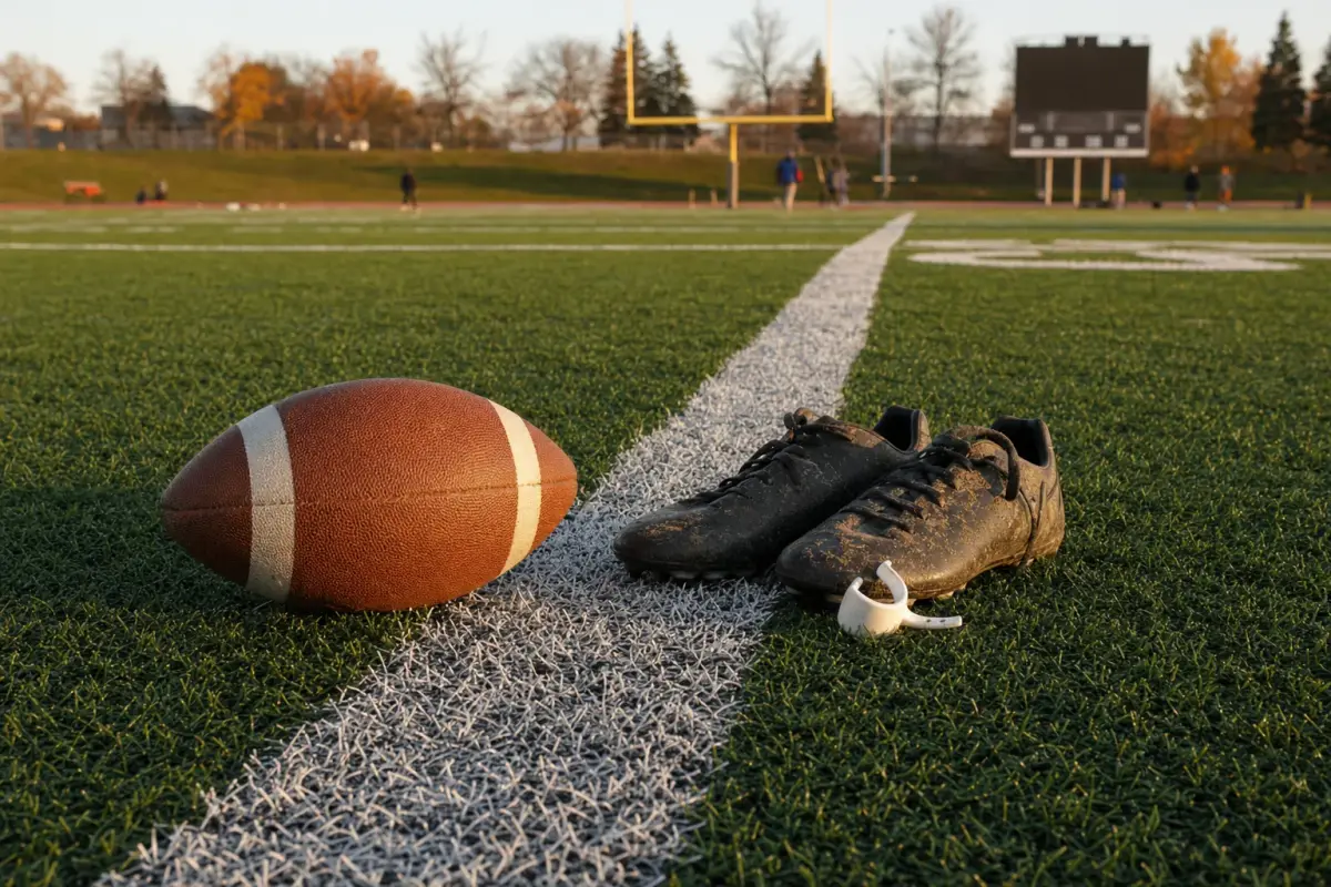 AI illustration: a football resting on the 50-yard line paint stripe of a high school field, with a pair of mud-flecked cleats and a plain mouthguard beside it, and the goalposts and a plain scoreboard with no numbers blurred far behind