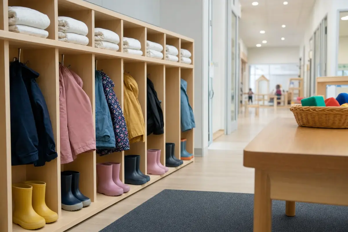 AI illustration: close-up of a row of small empty wooden cubbies with tiny rain boots and plain toddler jackets on low hooks, beside a stack of folded crib sheets and a plain sign-in clipboard-free table with a basket of soft blocks, at the entrance of a new, clean child-care centre with a bright hallway blurred behind
