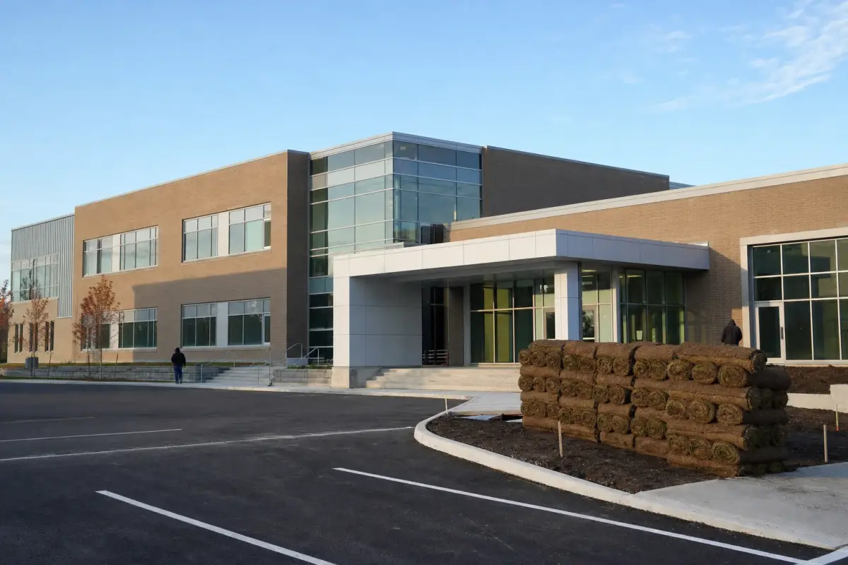 AI illustration: exterior of a large, new, plain brick-and-glass high school building under construction finishing touches, with a freshly paved empty parking lot, a bare concrete entrance and a stack of unmarked landscaping sod rolls beside the door, no signs or lettering