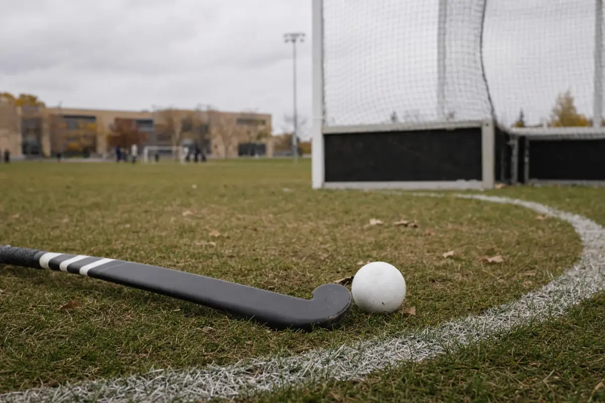 AI illustration: close-up at ground level of a field hockey stick and a white ball resting on a worn grass pitch beside the painted edge of the shooting circle, with a mesh goal net softly blurred behind