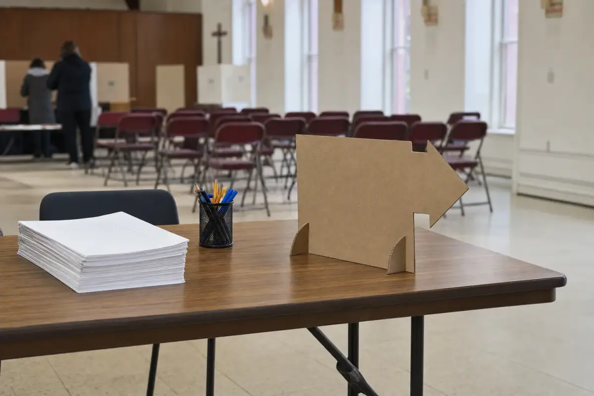 AI illustration: a plain wooden polling-station sign-in table in a bright church hall, with a neat stack of blank paper voter lists, a pencil cup and a blank cardboard "vote here" arrow stand without any words, with rows of empty folding chairs blurred behind
