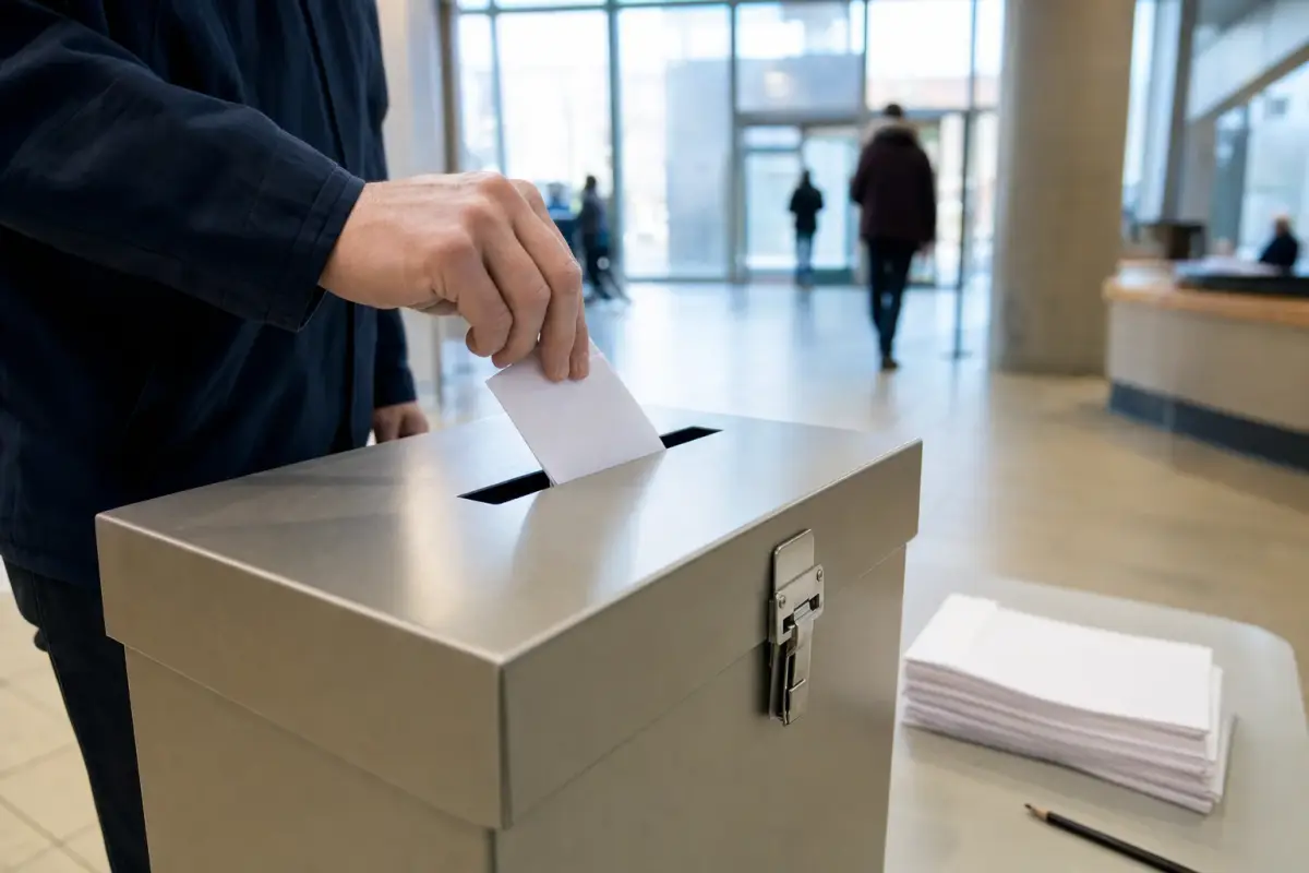 AI illustration: close-up of a hand dropping a folded paper ballot into a plain unmarked metal ballot box on a table, with a stack of blank ballots and a pencil beside it, and a softly blurred municipal lobby with a tall window behind