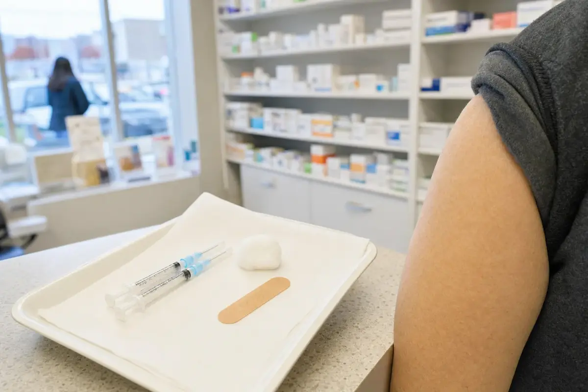 AI illustration: close-up of a clean pharmacy counter with a plain cotton ball, a small adhesive bandage and two capped vaccine syringes lying on a white paper-covered tray, with a rolled-up sleeve on a bare upper arm at the edge of the frame, no face visible