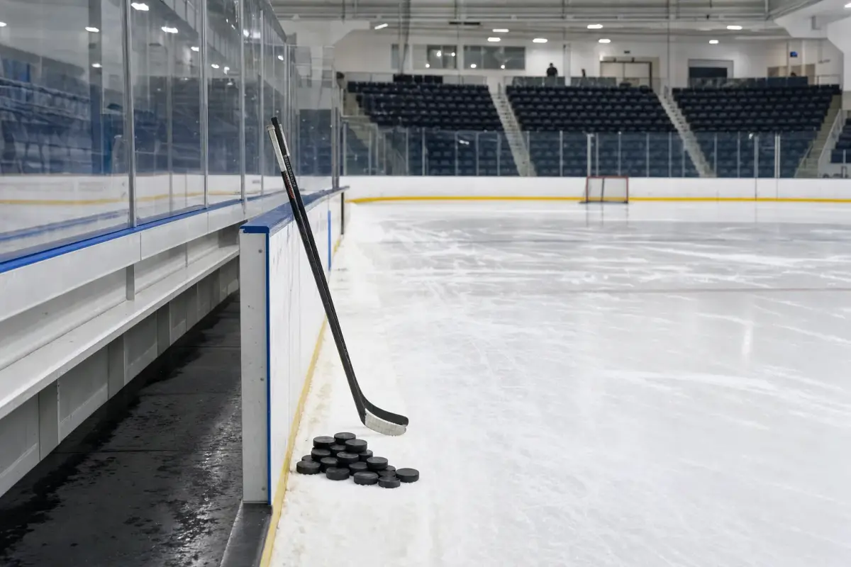 AI illustration: inside a junior hockey arena before a game, with a row of empty player benches behind plexiglass, a pile of pucks and a couple of plain hockey sticks leaning against the boards, and fresh ice with skate marks stretching away