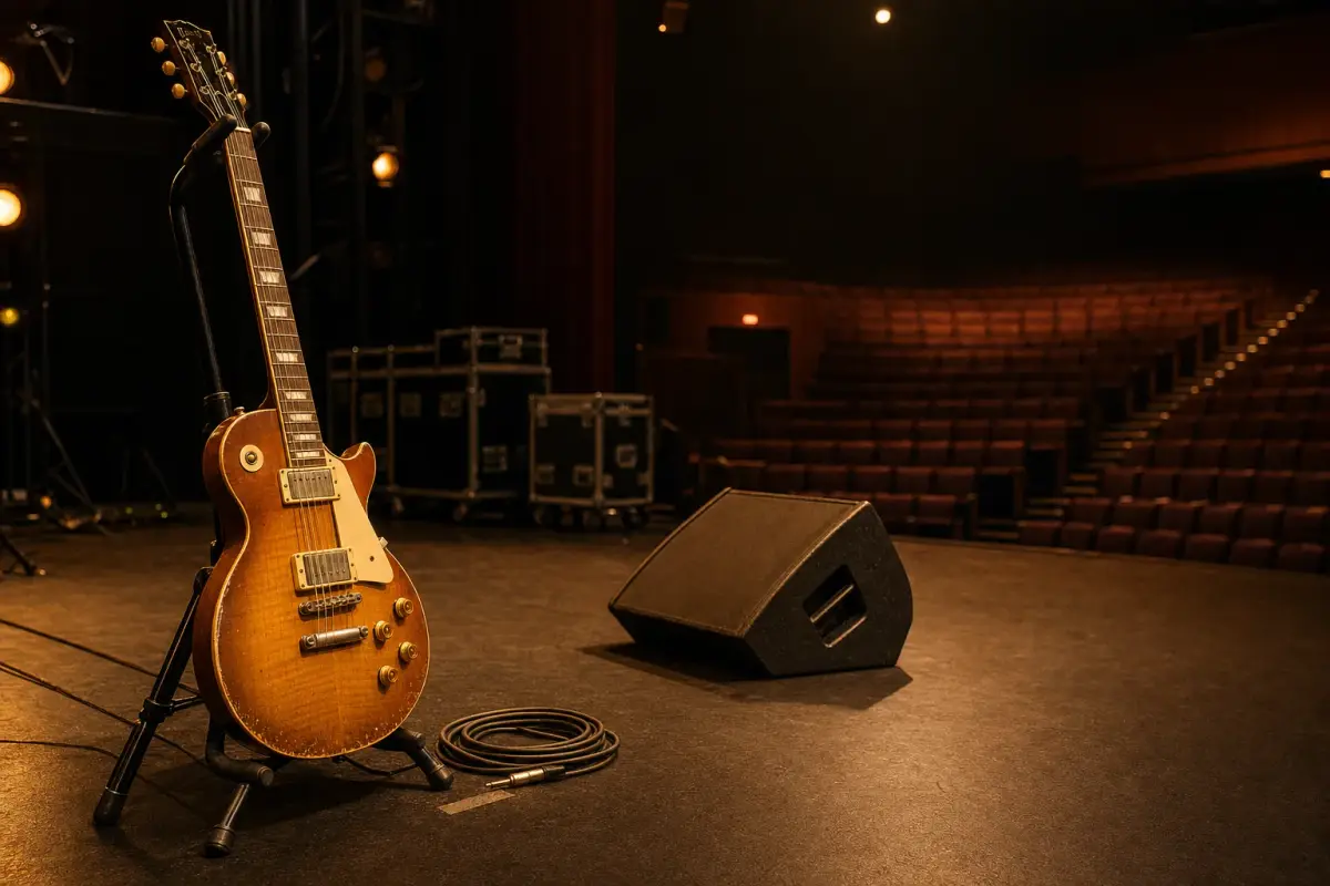AI illustration: close-up of a vintage electric guitar resting on a stand at the edge of a darkened concert stage, with a coiled cable, a plain setlist-free monitor wedge and a row of road cases blurred behind, and empty tiered theatre seats fading into shadow