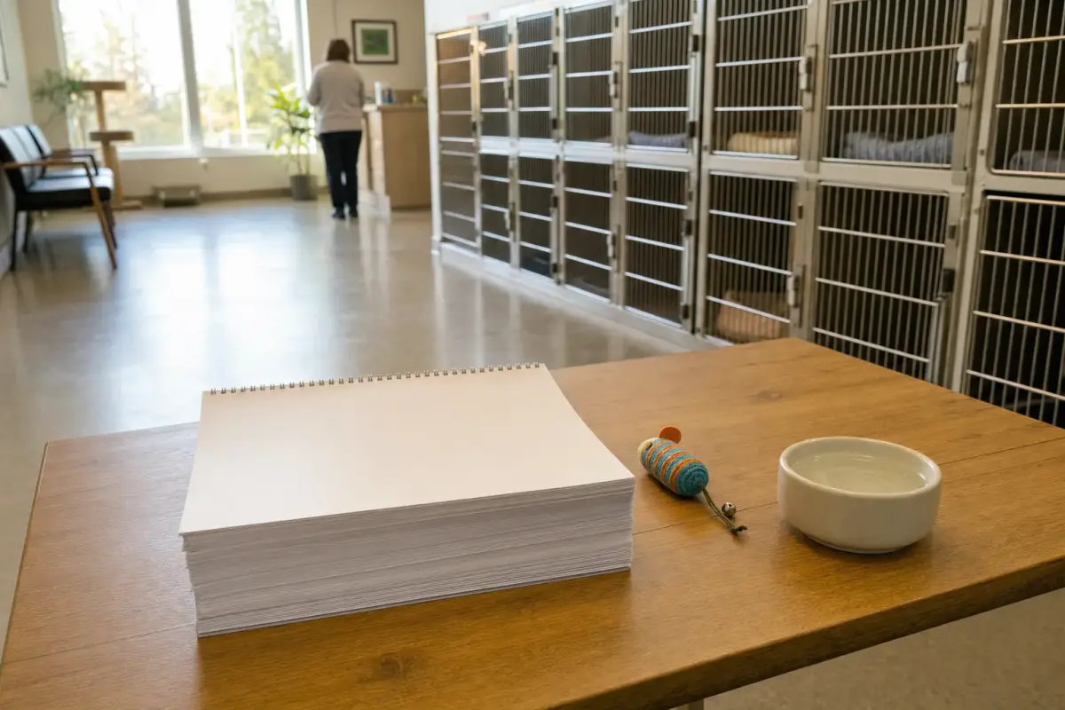 AI illustration: close-up of a wall calendar-sized stack of plain printed calendars with blank covers on a wooden table in a bright animal shelter lobby, beside a small cat toy and a plain ceramic water bowl, with a softly blurred row of clean empty kennel doors and a window behind