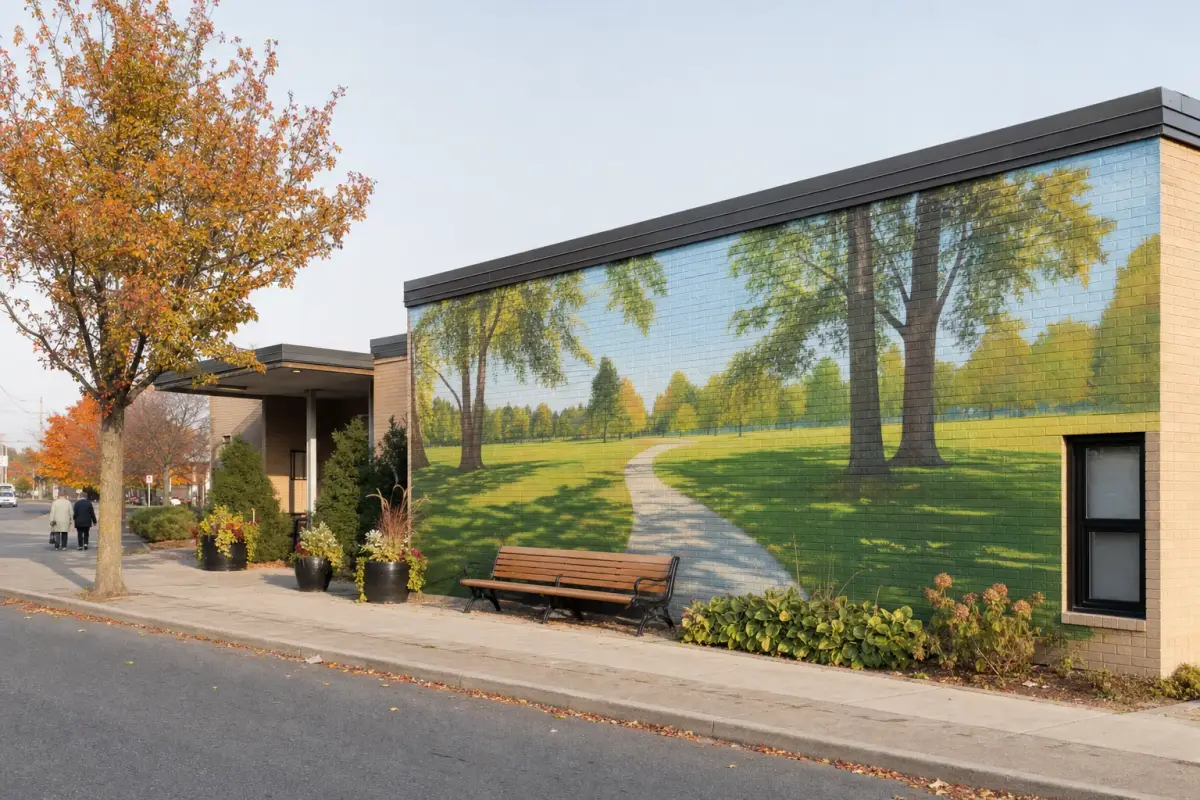 AI illustration: exterior of a plain brick retirement residence wall along a small-town main street, with a freshly painted mural of a green park with tall trees, a curving path and open sky covering the wall, and a new wooden bench and a few potted plants on the sidewalk in front