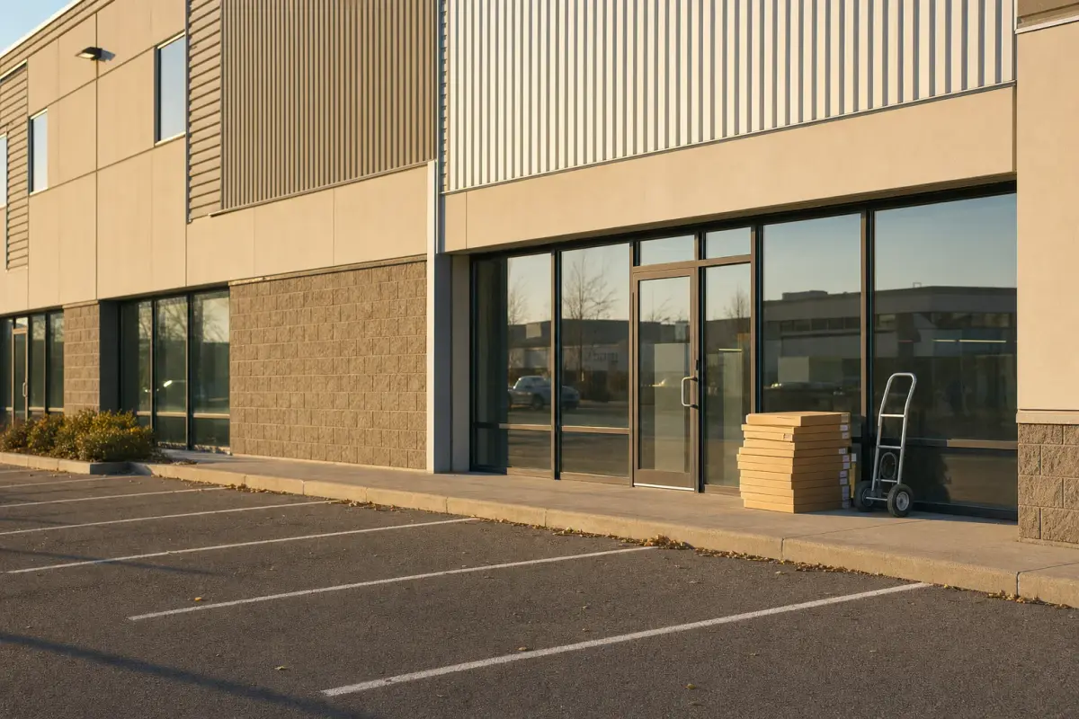 AI illustration: exterior of a clean, empty light-industrial plaza unit on a service road with a plain glass storefront and an empty paved parking row, and a stack of flat cardboard boxes and a hand truck beside the door