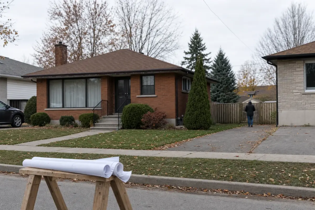 AI illustration: a plain one-storey brick bungalow on a quiet residential street with a modest side yard and a bare patch of backyard fence visible beside it, a small stack of plain building plans rolled up on a wooden sawhorse in the foreground