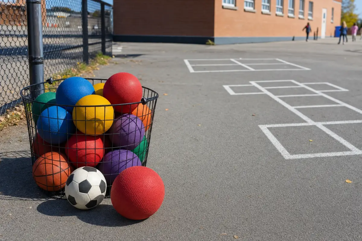 AI illustration: a schoolyard blacktop with a wire basket of mixed plain rubber playground balls, a red kickball, a basketball and a soccer ball, sitting beside painted hopscotch and four-square lines on asphalt, with a chain-link fence and a low brick school wall blurred behind