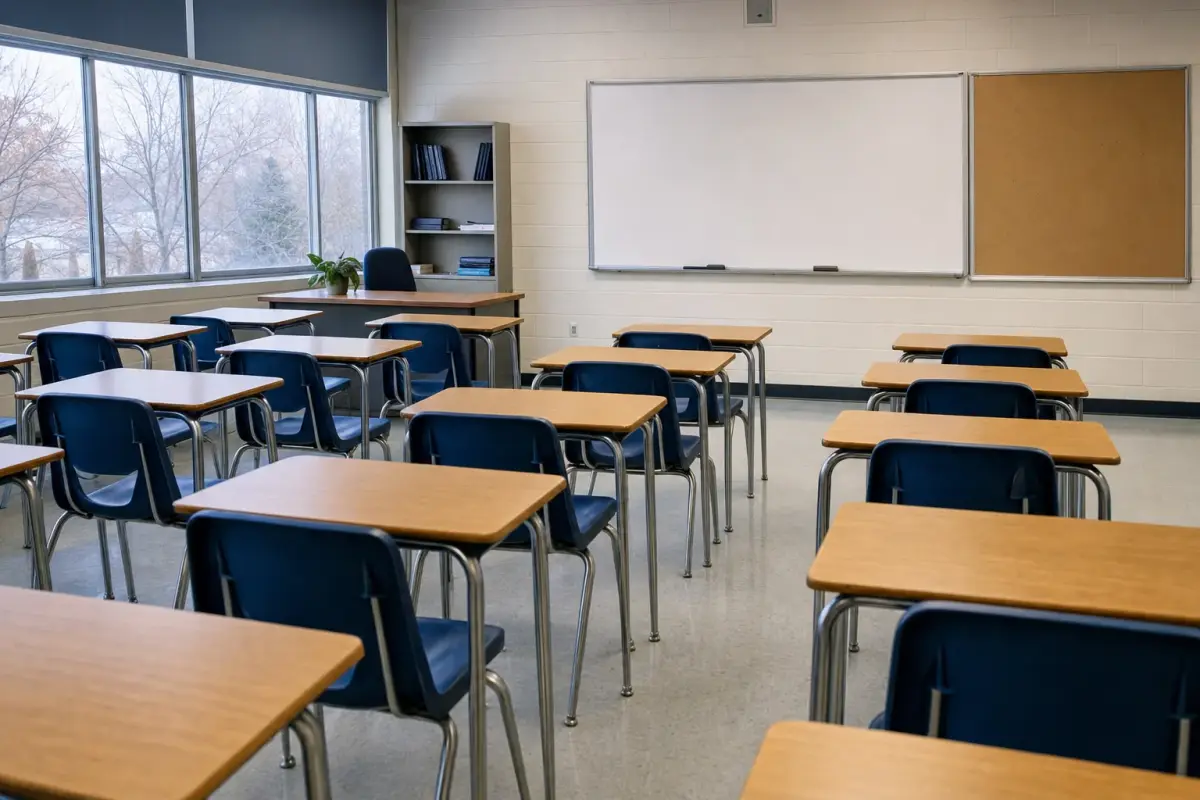 AI illustration: a tidy empty high school classroom seen from the back, with rows of wooden desks and chairs facing a clean blank whiteboard, a large unlabelled paper map-free corkboard to one side, and a tall window with bare treetops blurred outside