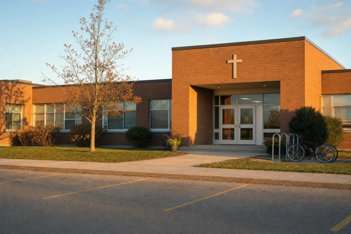 AI illustration: exterior of a plain red-brick Catholic elementary school entrance in the late afternoon, with a simple stone cross above double glass doors, a bike rack with a couple of unbranded bicycles and a neat strip of lawn in front