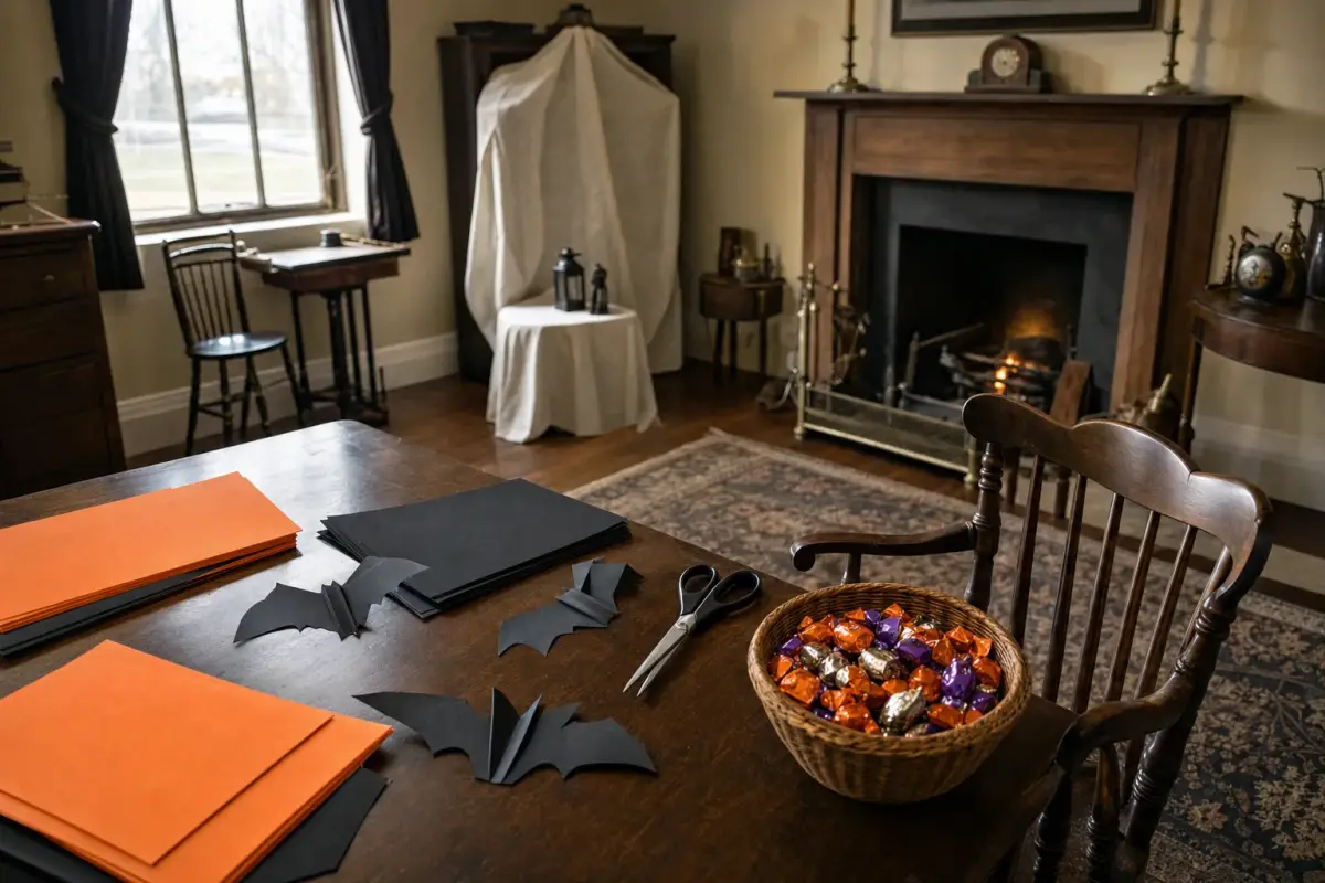 AI illustration: interior of a small historic house museum parlour with a wooden table set up for a children's craft, with plain orange and black paper, scissors, a few paper bats and a basket of wrapped candies beside an old-fashioned wooden chair, and a period fireplace and a sheet-draped display cabinet blurred behind