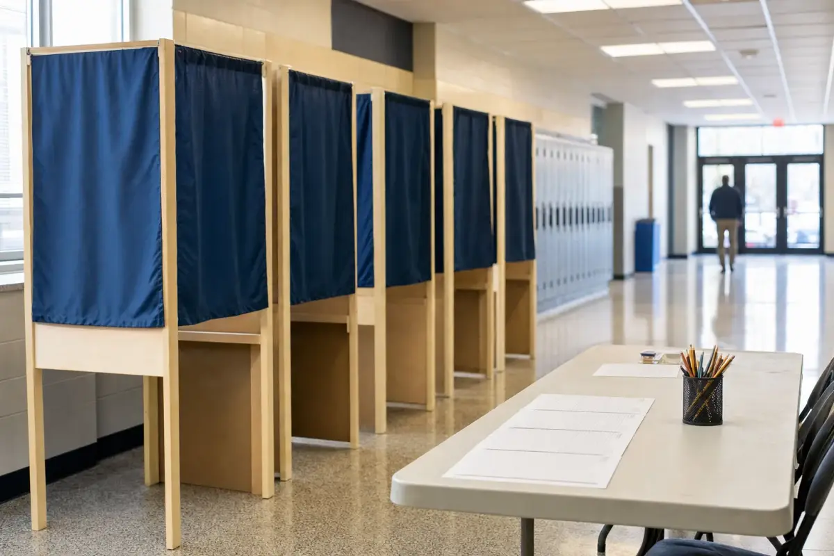 AI illustration: a row of empty wooden voting booths with plain blue privacy curtains and a folding sign-in table with a blank paper list and a pencil cup in the foreground, set up in a quiet school hallway with lockers blurred behind