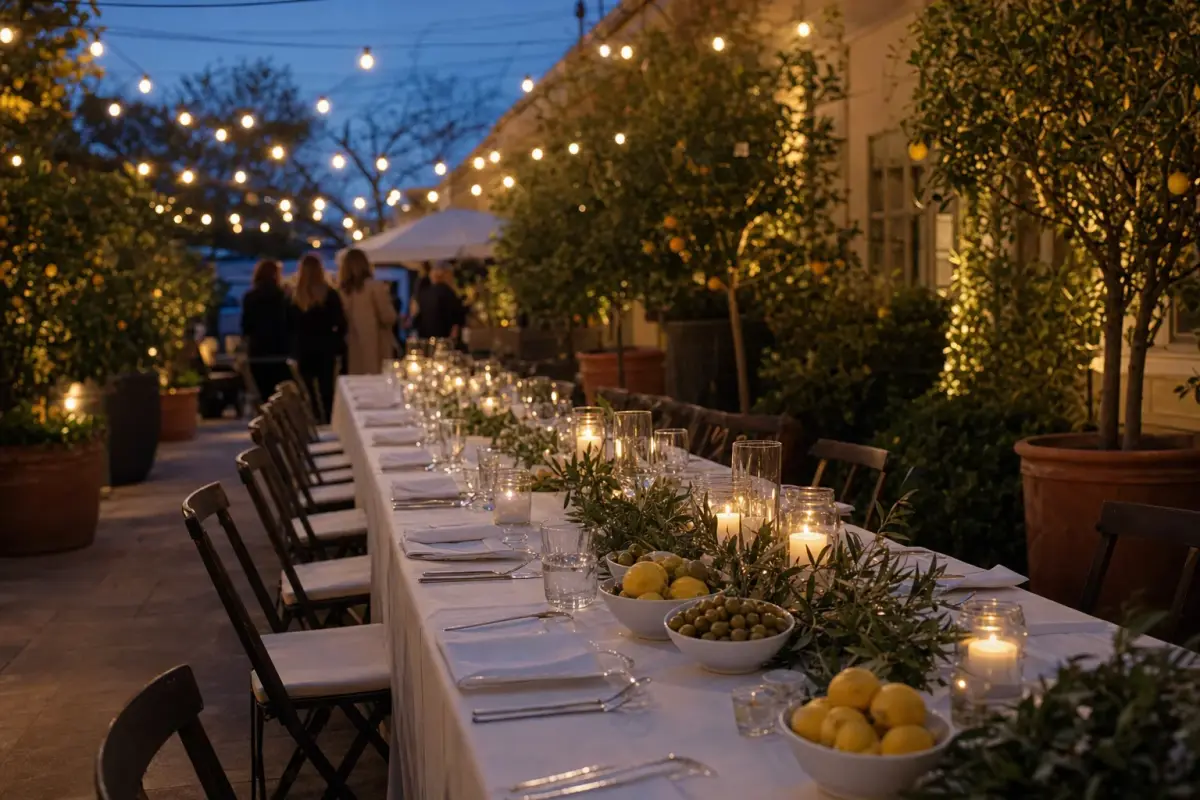 AI illustration: a long outdoor garden party table at dusk in a restaurant's courtyard garden, set with white linens, small plain candles in glass jars, bowls of lemons and olives, and a few wine glasses, with strings of warm bulbs overhead and potted citrus trees blurred behind