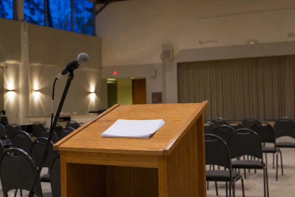 AI illustration: close-up of a plain wooden lectern at the front of an empty community hall, with a single microphone on a stand and a neat folded stack of blank papers on its slanted top, with rows of empty stacked chairs and a pale curtain blurred behind