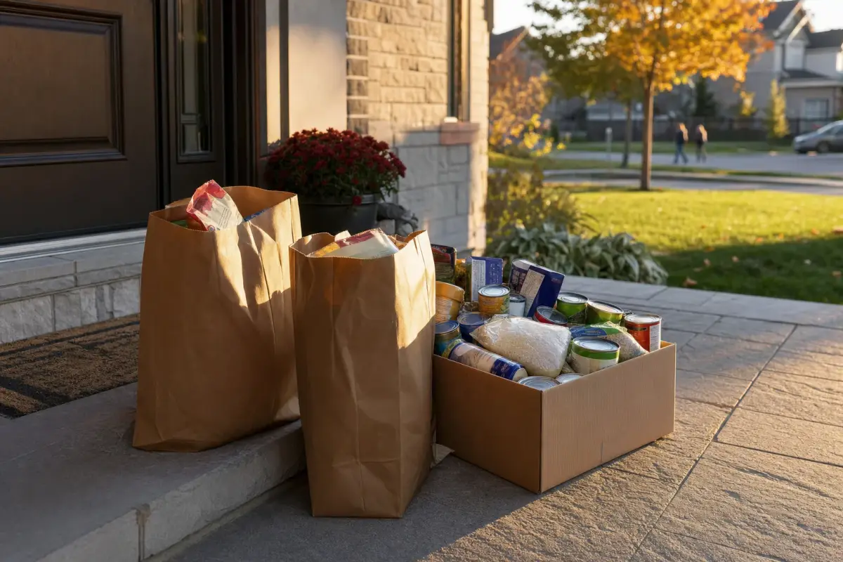 AI illustration: a residential front porch step in late afternoon with a few plain paper grocery bags and a cardboard box filled with unlabelled canned goods, pasta boxes and a bag of rice, set beside a welcome mat and a potted mum, with a front door and a neat lawn blurred behind
