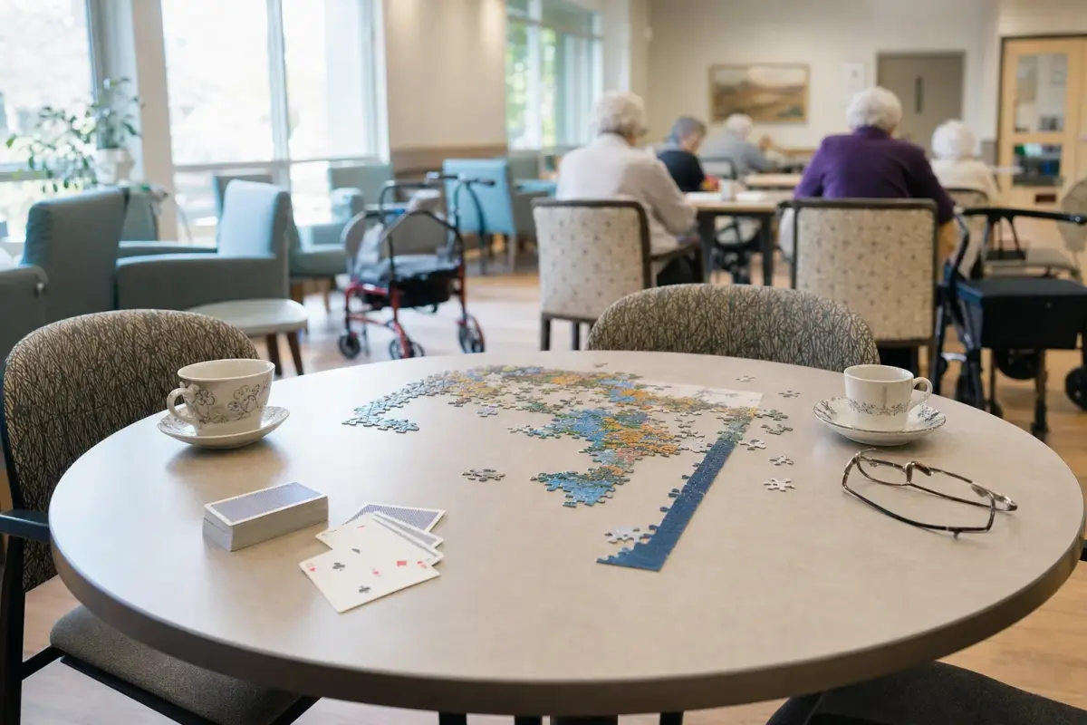 AI illustration: close-up of a bright seniors' activity room at a community centre, with a round table where a deck of plain playing cards, a half-finished jigsaw puzzle and two ceramic teacups sit beside a pair of reading glasses, and a few walkers and cushioned chairs blurred behind