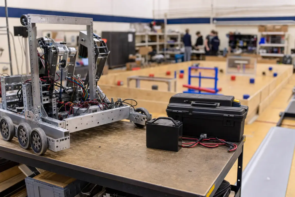 AI illustration: interior of a school gym or workshop used as a robotics team pit area, with a small unbranded competition-style robot with bare metal frame and wheels sitting on a workbench beside a toolbox, a battery and a few coiled cables, with a blurred plywood practice field and shelves of parts behind