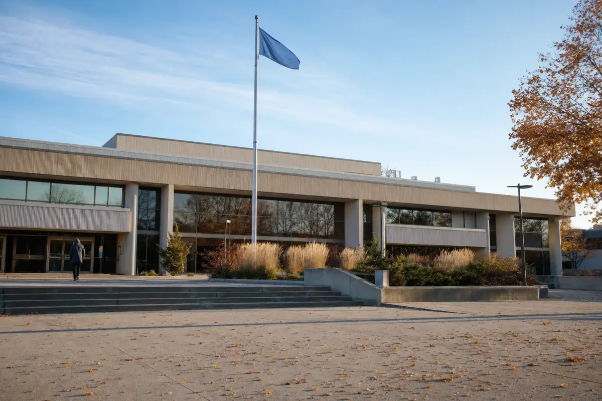 AI illustration: exterior of a plain modern municipal building plaza on a crisp morning, with a flagpole holding a plain unmarked flag, wide concrete steps and a low planter bed, with a few fallen leaves on the pavement