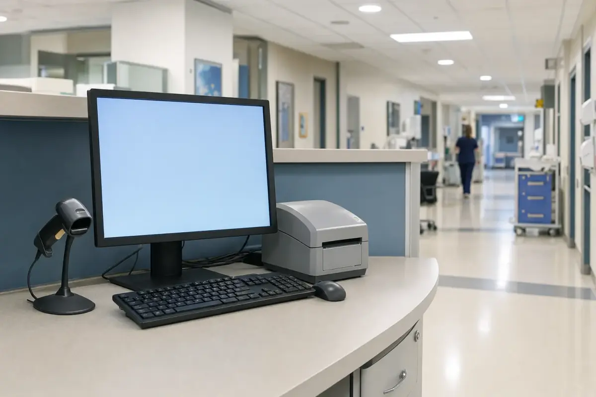 AI illustration: close-up of a hospital nursing station workstation with a computer monitor showing a blank pale-blue screen with no text, a keyboard, a barcode scanner and a plain wristband-printer beside a clipboard-free counter, with a bright, clean hospital corridor blurred behind