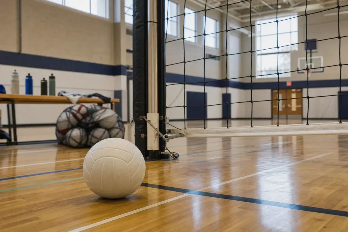 AI illustration: close-up of a white volleyball resting on the polished wooden floor of an empty school gymnasium beside the base of a lowered volleyball net, with a mesh bag of spare volleyballs and a few water bottles on a bench blurred behind