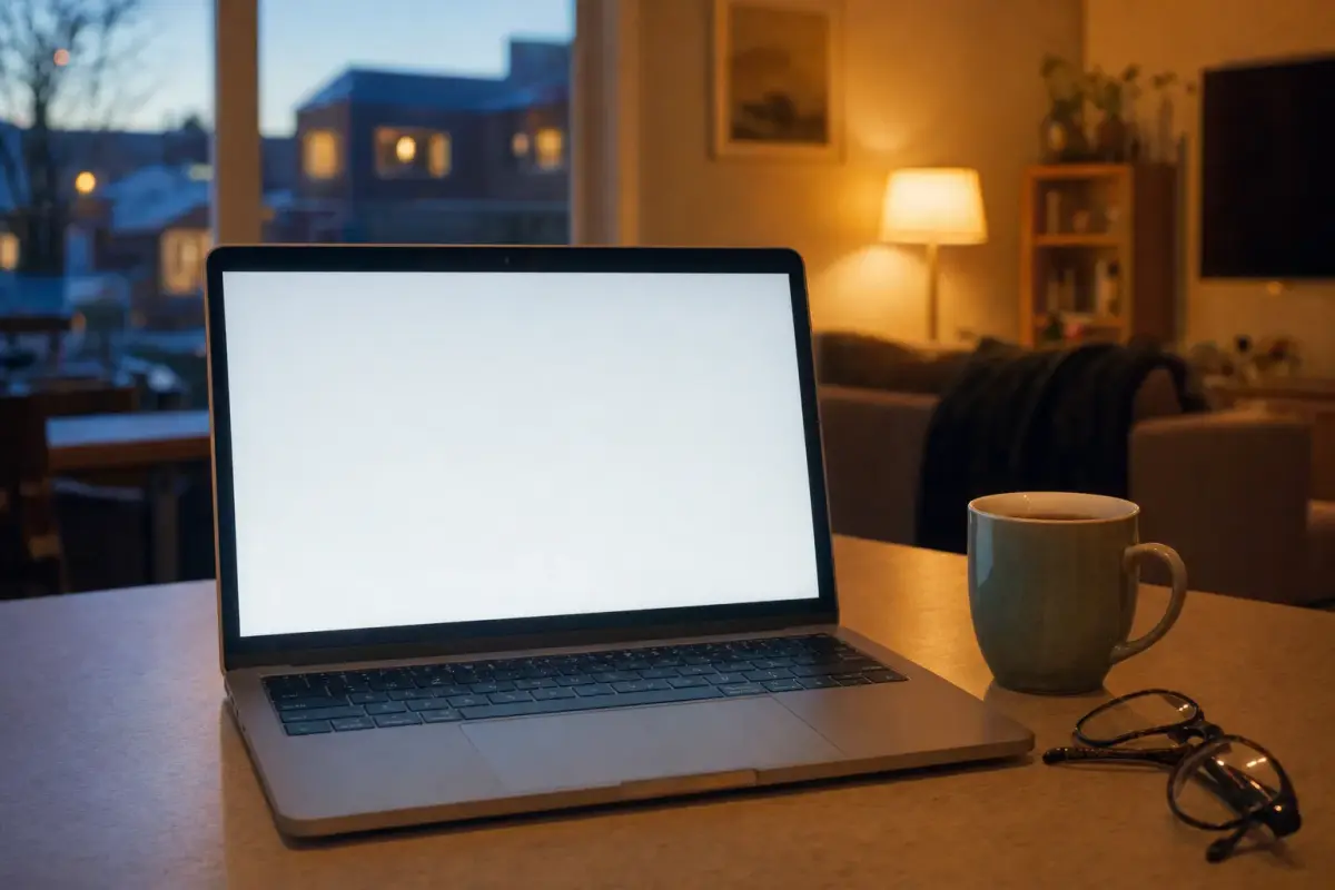 AI illustration: close-up of an open laptop on a plain kitchen table showing a blank pale screen with no text, beside a mug of tea and a folded pair of reading glasses, with a softly blurred living room and a window with evening light behind