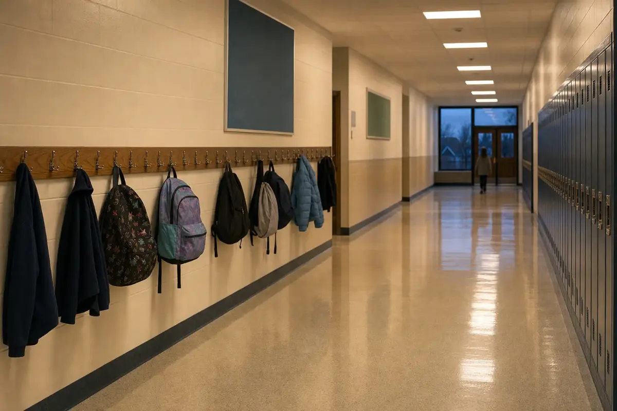 AI illustration: a quiet elementary school hallway in the early evening, with a long row of small coat hooks holding a few plain unbranded jackets and backpacks, and a line of lockers receding toward a doorway
